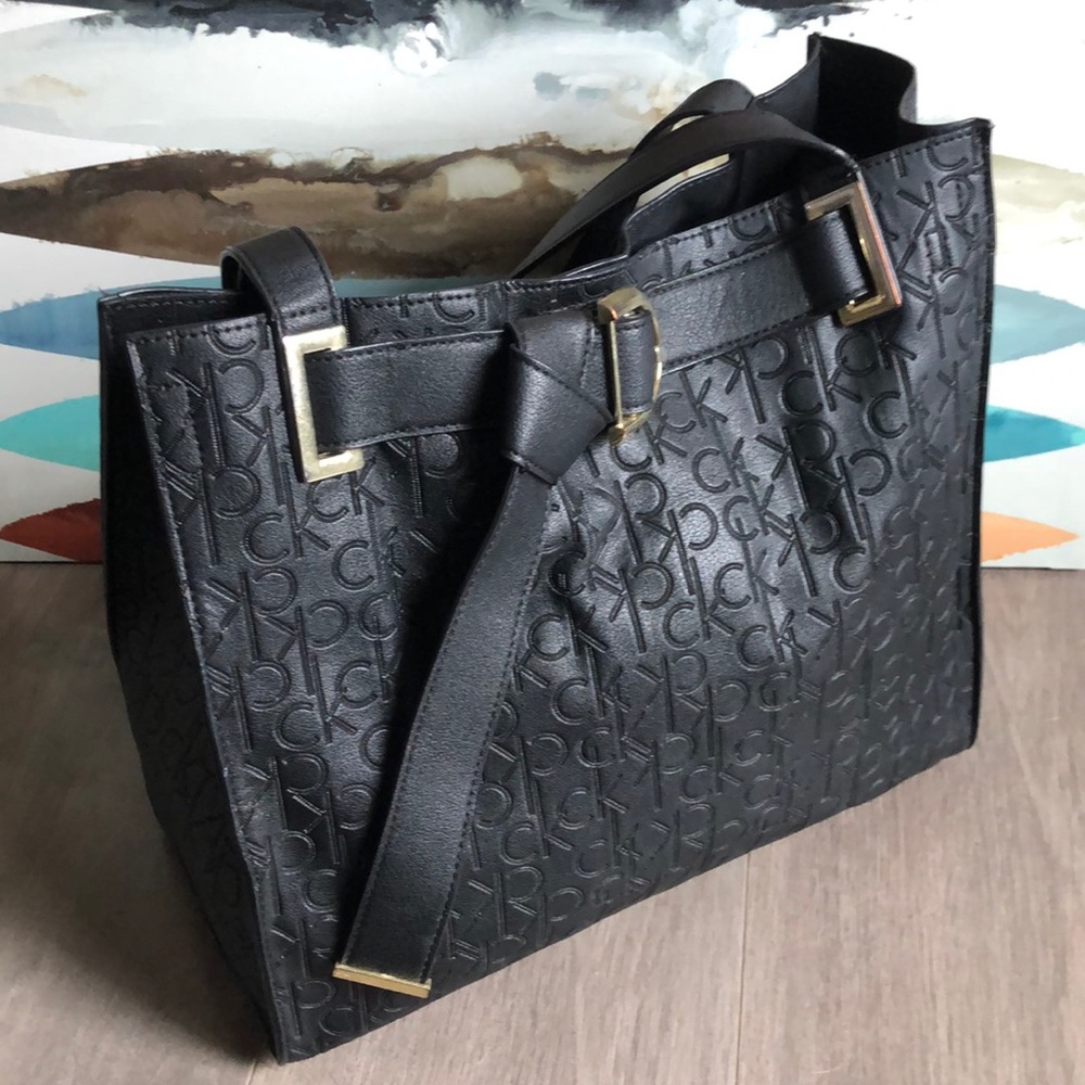Calvin Klein Leather Tote with Gold Buckle Accents